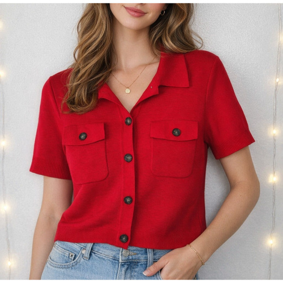 J. Crew Sweaters - J. CREW Women's Short-Sleeve Pocket Cardigan 100% Cotton Cropped Small Red